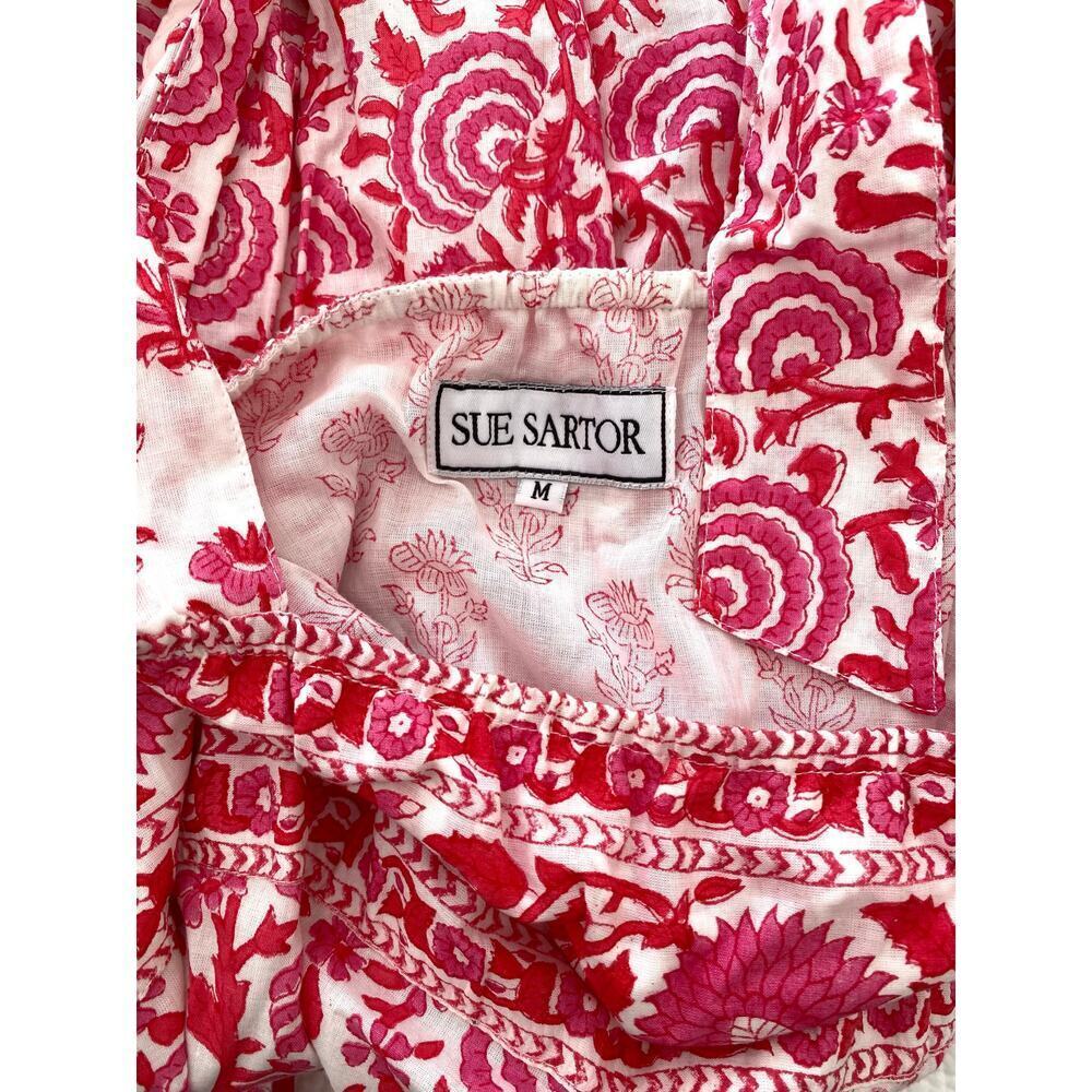 SUE SARTOR Block Print Floral Pink Red Tie Shoulder Waist Mini Swing Dress - Picture 7 of 11